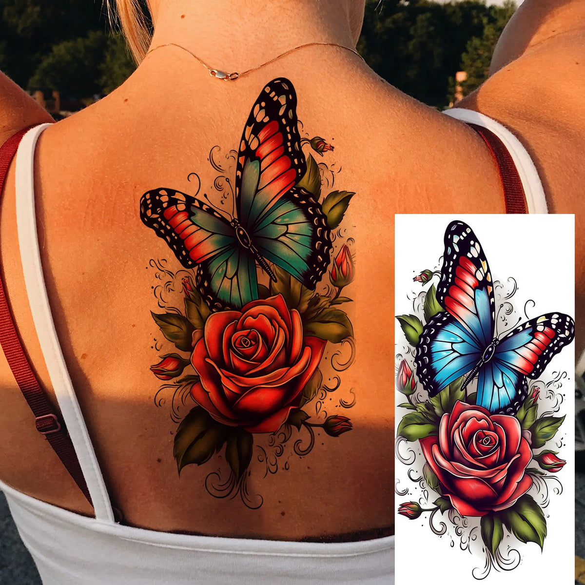 1 Sheet Watercolor Rose Butterfly Temporary Tattoos For Women Realistic Fake Tattoos Waterproof Body Art Tatoo Sticker Last Long