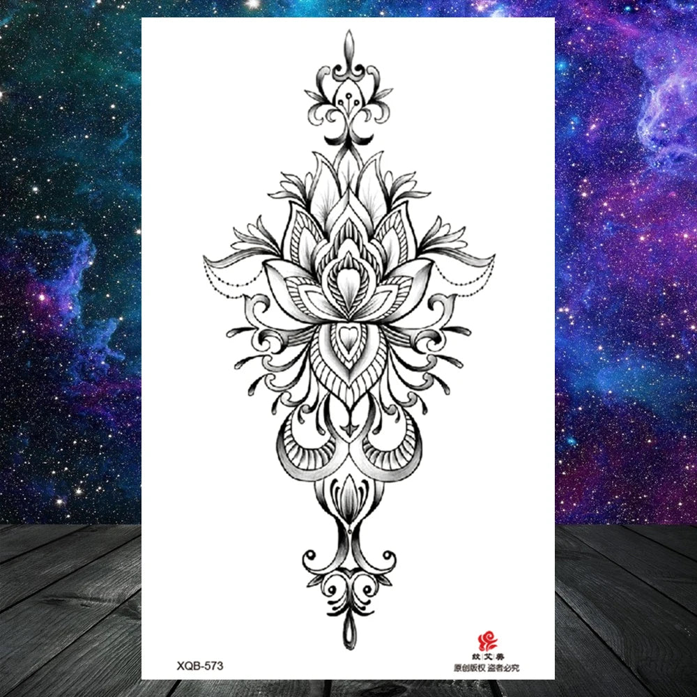 Lotus Flower Temporary Tattoo For Women Girls Snake Peony Lily Rose Chains Tattoos Sticker Black Blossom Fake Transferable Tatoo