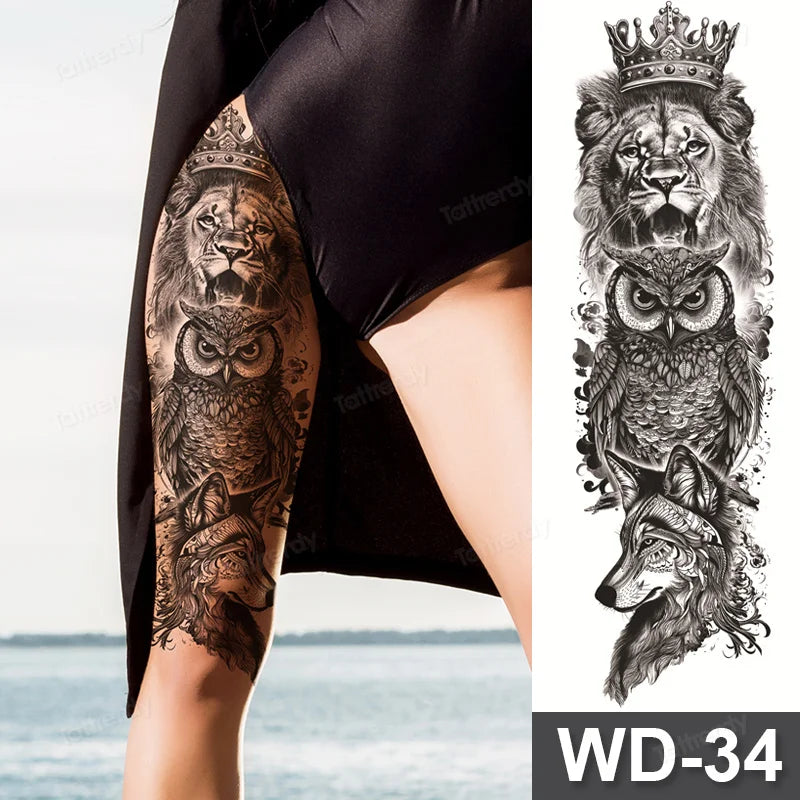 Large Arm Sleeve Tattoo Waterproof Temporary Tattoo Full Arm Body Art Stickers Women Adult Man Tattoo Wolf Lion Head Rose Flower