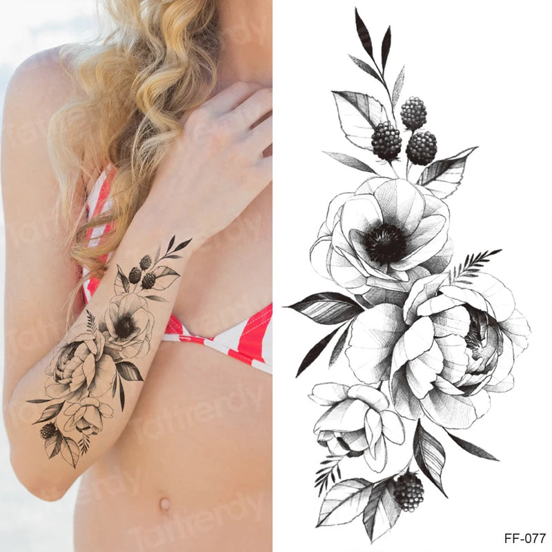Temporary Tattoo Black Flower Tattoo Sleeves Water Transfer Tatoo Sticker Peony Rose Tattoos Body Art Sexy Tatoo Girl Arm Legs