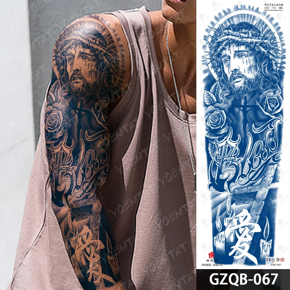 Semi-Permanent Herbal Large Arm Tatto Skull Crown Rose Waterproof Temporary Tattoo Stickers Ink Lasting Fake Tattoos Women Men