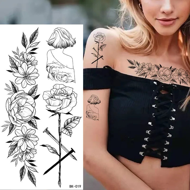 Temporary Rose Flower Skin Tattoo Stickers Removable Blossom Flase Tattoos for Apart Arm and Shoulder Neck Back Flower Tattoos