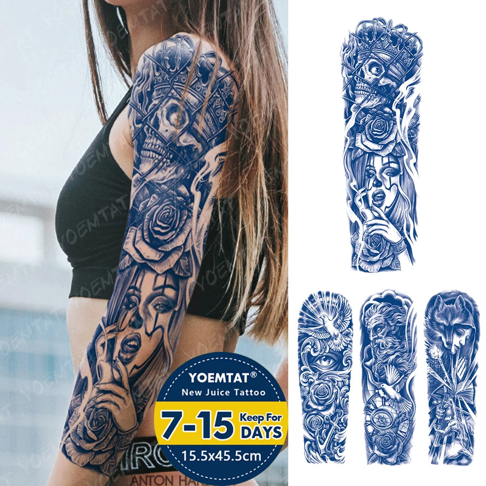 Semi-Permanent Herbal Large Arm Tatto Skull Crown Rose Waterproof Temporary Tattoo Stickers Ink Lasting Fake Tattoos Women Men