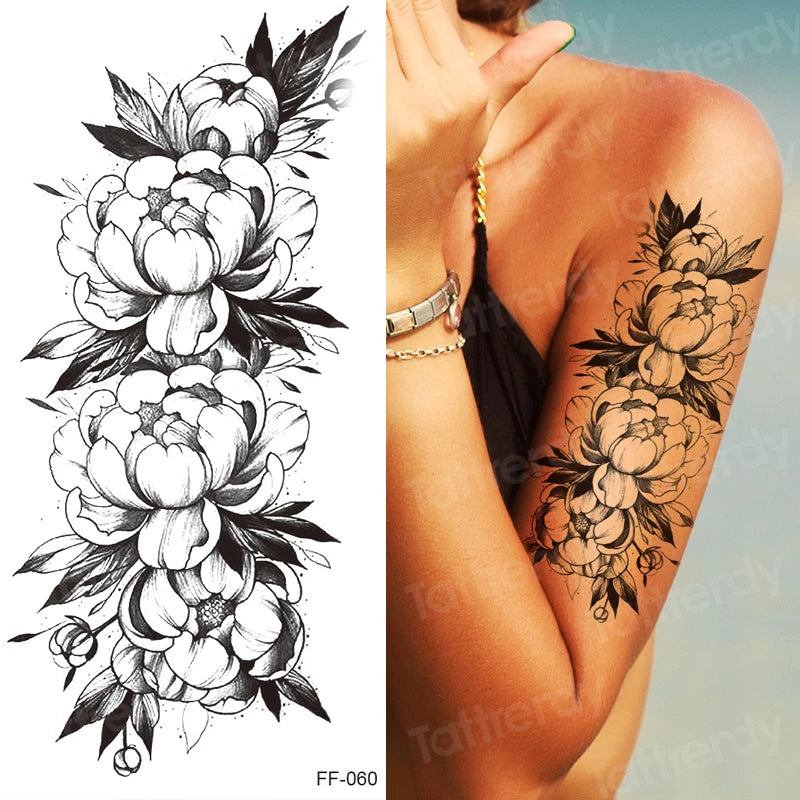 Temporary Tattoo Black Flower Tattoo Sleeves Water Transfer Tatoo Sticker Peony Rose Tattoos Body Art Sexy Tatoo Girl Arm Legs