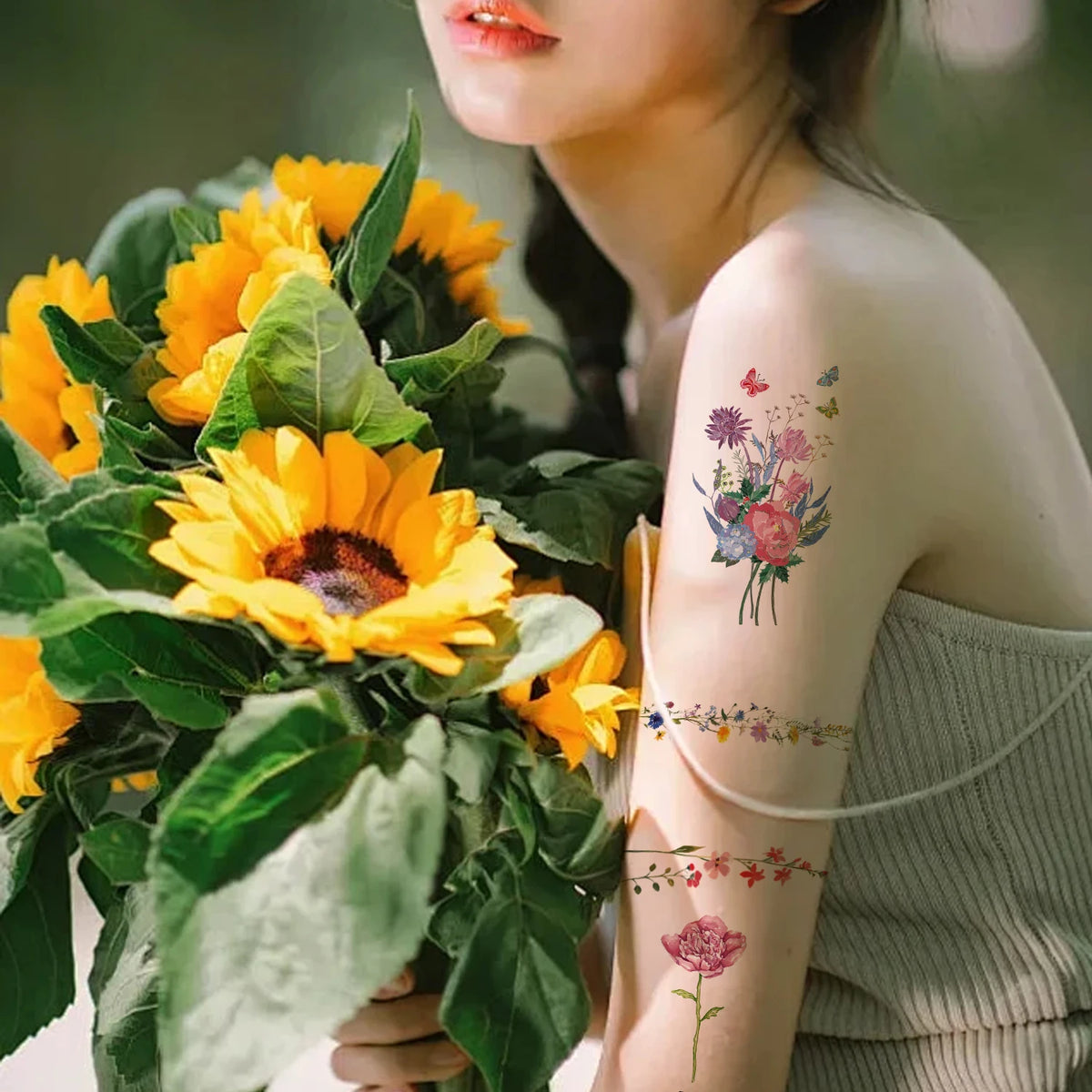 18pcs Watercolor Floral Temporary Tattoos for Women – Realistic Lavender, Rose, Daisy & Wildflower Body Art Stickers, Waterproof