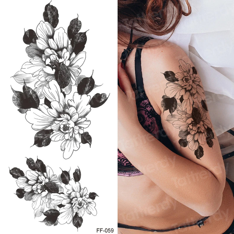 Temporary Tattoo Black Flower Tattoo Sleeves Water Transfer Tatoo Sticker Peony Rose Tattoos Body Art Sexy Tatoo Girl Arm Legs