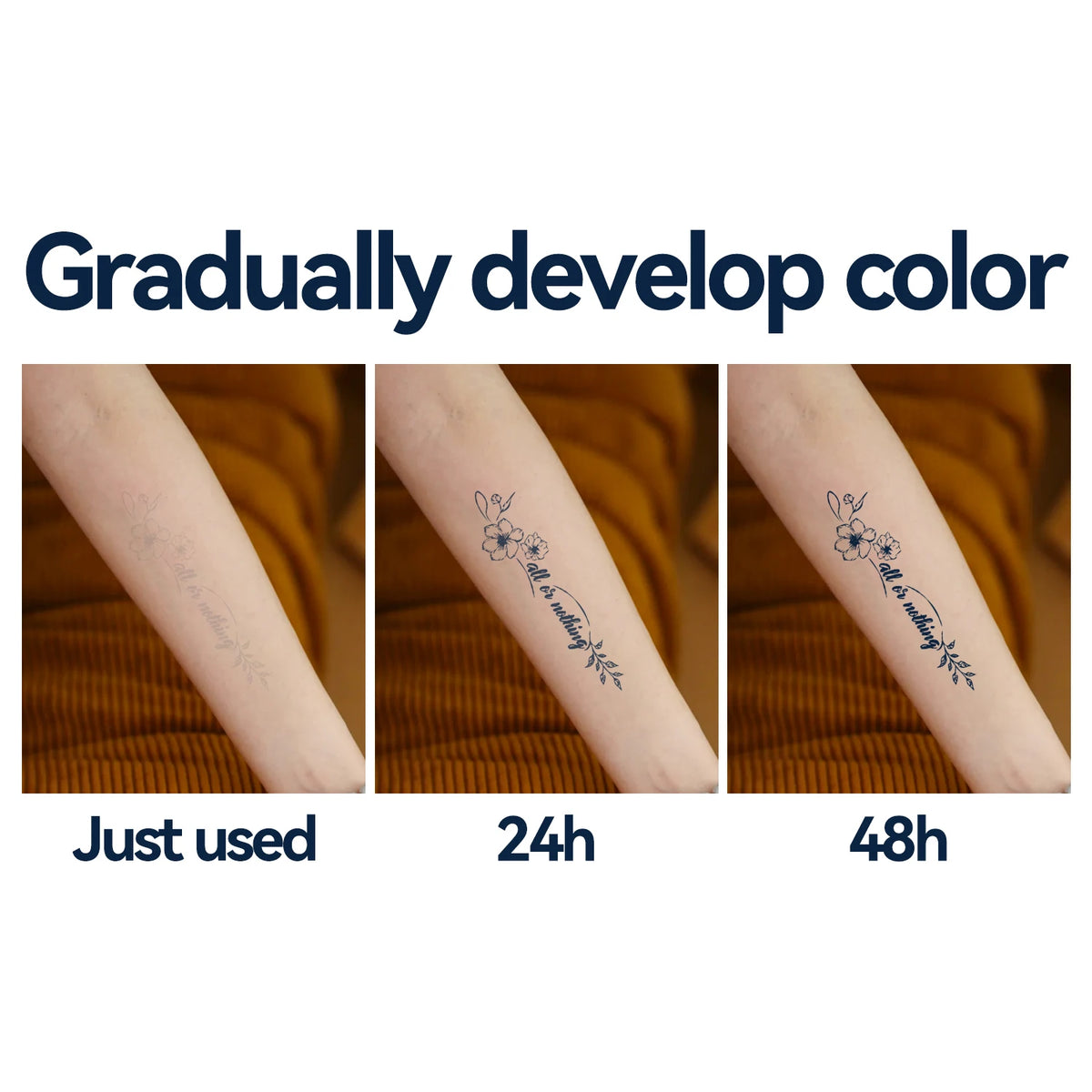 6 Sheets Semi-Permanent Temporary Tattoos for Women Long Line Flower Words Tattoos for Adult 100% Plant-Based Ink Waterproof
