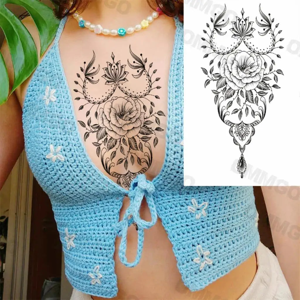 3D Black Mandala Moon Pendant Temporary Tattoos For Women Adult Girl Lotus Rose Flower Fake Tattoo Back Arm Chest Washable Tatoo