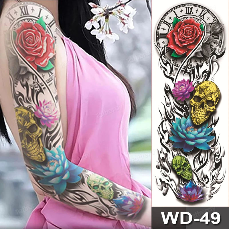 Large Arm Sleeve Tattoo Waterproof Temporary Tattoo Full Arm Body Art Stickers Women Adult Man Tattoo Wolf Lion Head Rose Flower