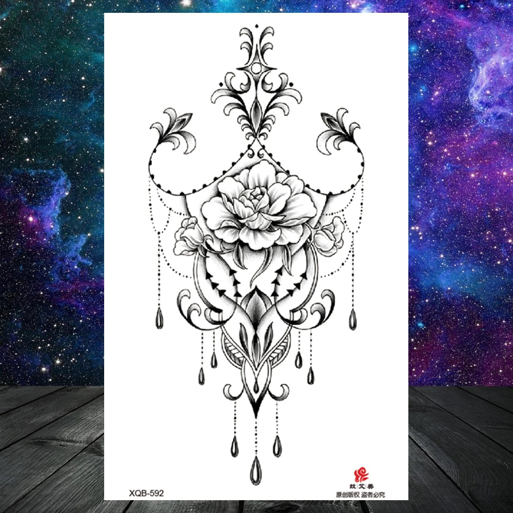 Lotus Flower Temporary Tattoo For Women Girls Snake Peony Lily Rose Chains Tattoos Sticker Black Blossom Fake Transferable Tatoo