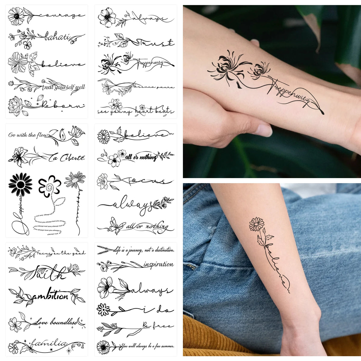6 Sheets Semi-Permanent Temporary Tattoos for Women Long Line Flower Words Tattoos for Adult 100% Plant-Based Ink Waterproof