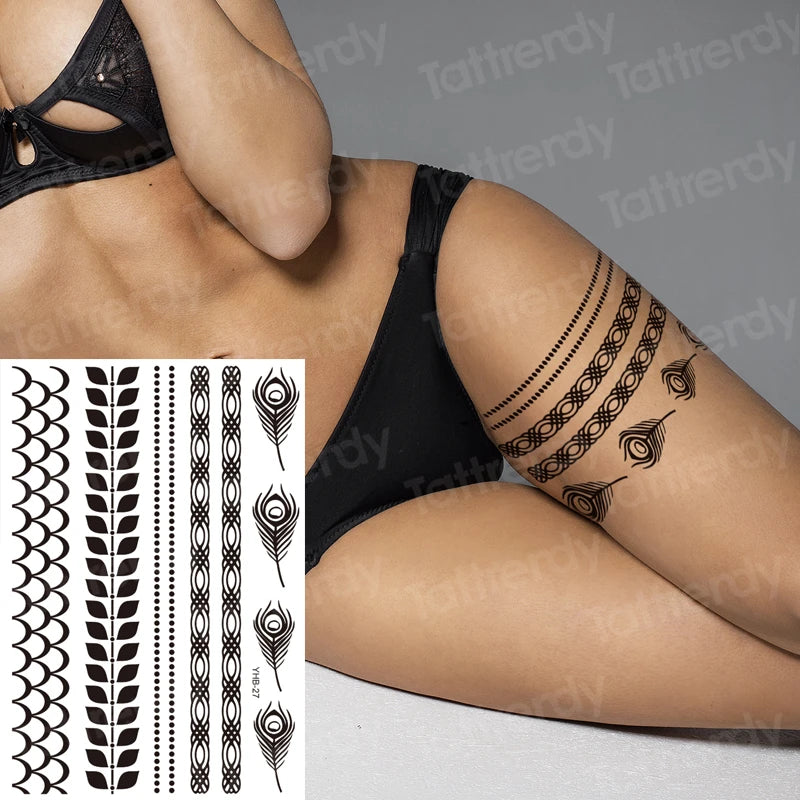 sexy tattoo for women thigh tattoo body art black henna lace tattoo sticker girls leg arm sleeve tatoo stockings waterproof