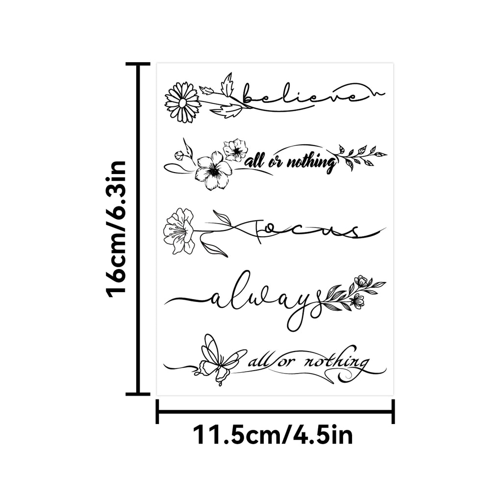 6 Sheets Semi-Permanent Temporary Tattoos for Women Long Line Flower Words Tattoos for Adult 100% Plant-Based Ink Waterproof