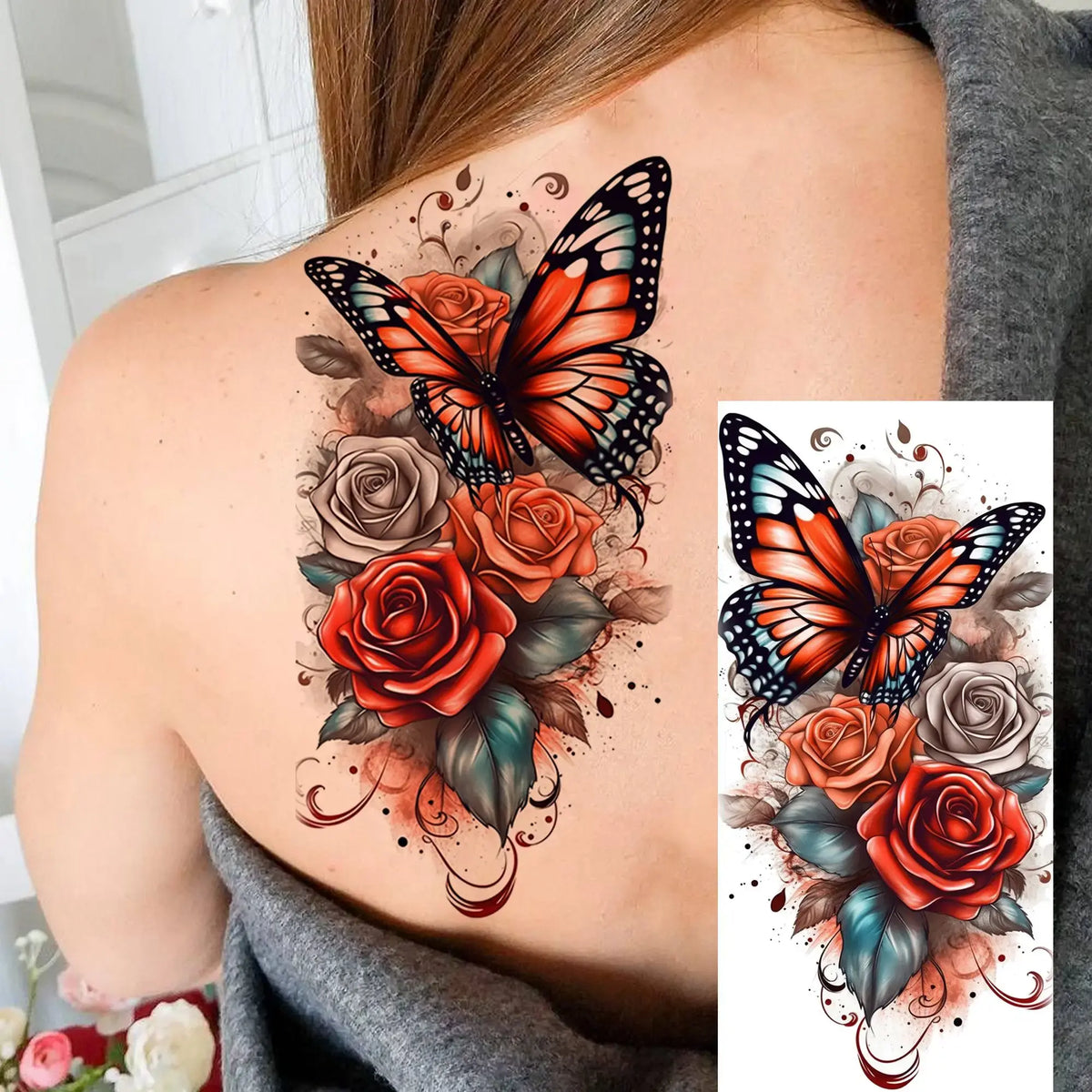 1 Sheet Watercolor Rose Butterfly Temporary Tattoos For Women Realistic Fake Tattoos Waterproof Body Art Tatoo Sticker Last Long