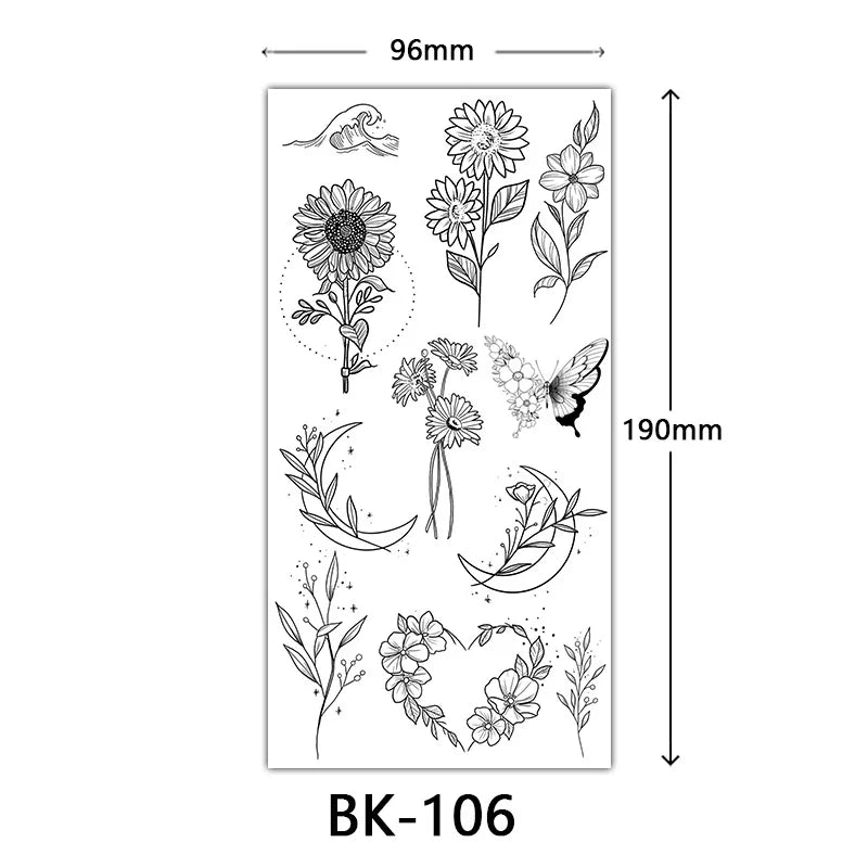 Black Large Flower False Tattoo Sticker For Women Rose Peony Temporary DIY Water Transfer Tattoos Girls Hand Back Body Art