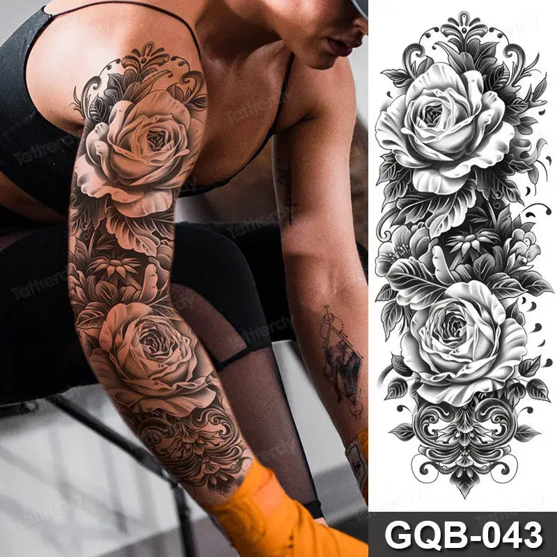 Rose Peony Flower Temporary Tattoo Full Arm Sleeve Leg Thigh Waist Women Body Art Waterproof Tattoo Stickers Large Size 48*17Cm