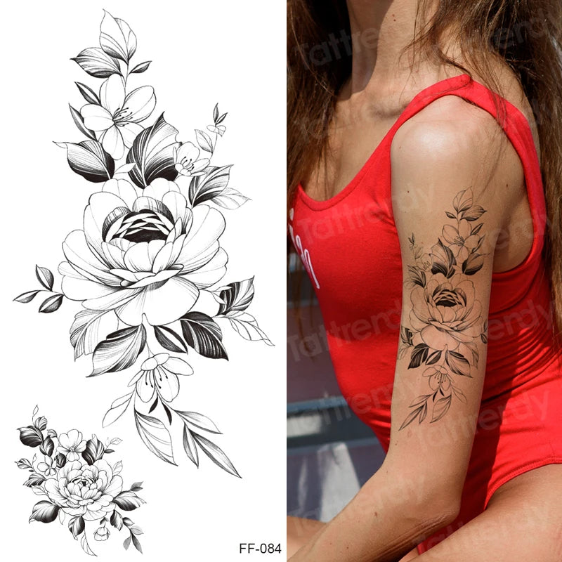 Temporary Tattoo Black Flower Tattoo Sleeves Water Transfer Tatoo Sticker Peony Rose Tattoos Body Art Sexy Tatoo Girl Arm Legs