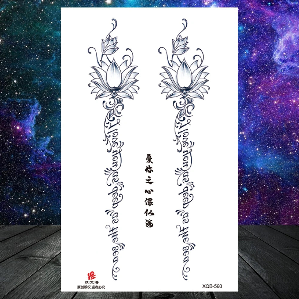 Lotus Flower Temporary Tattoo For Women Girls Snake Peony Lily Rose Chains Tattoos Sticker Black Blossom Fake Transferable Tatoo