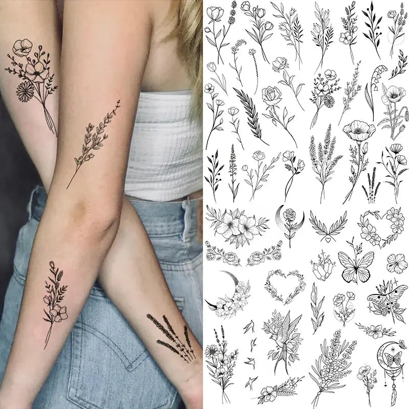 Black Large Flower False Tattoo Sticker For Women Rose Peony Temporary DIY Water Transfer Tattoos Girls Hand Back Body Art