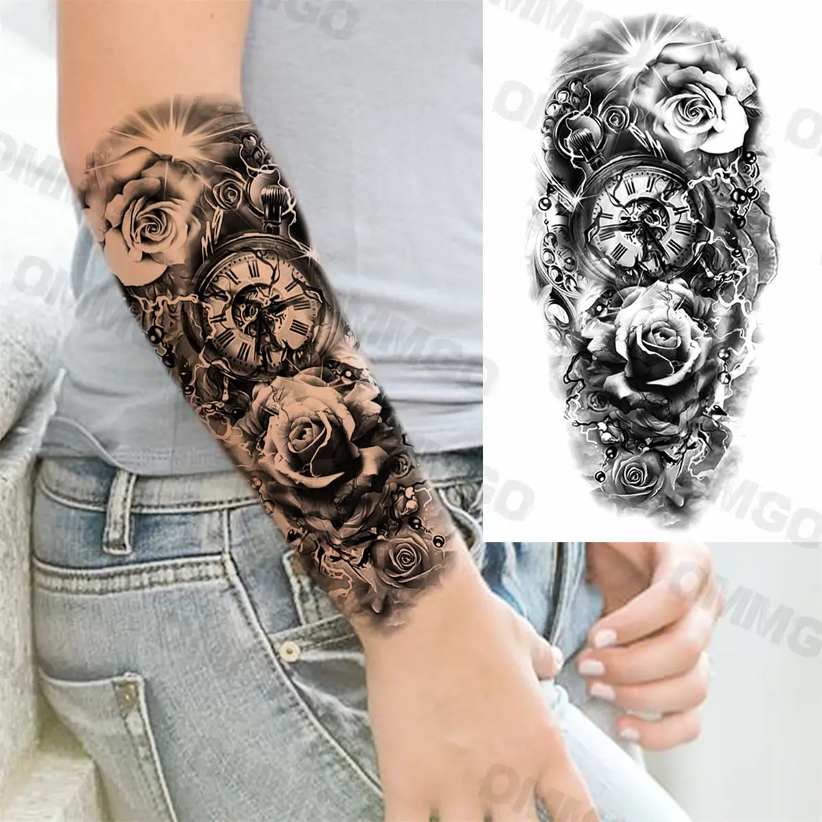 3D Black Mandala Moon Pendant Temporary Tattoos For Women Adult Girl Lotus Rose Flower Fake Tattoo Back Arm Chest Washable Tatoo