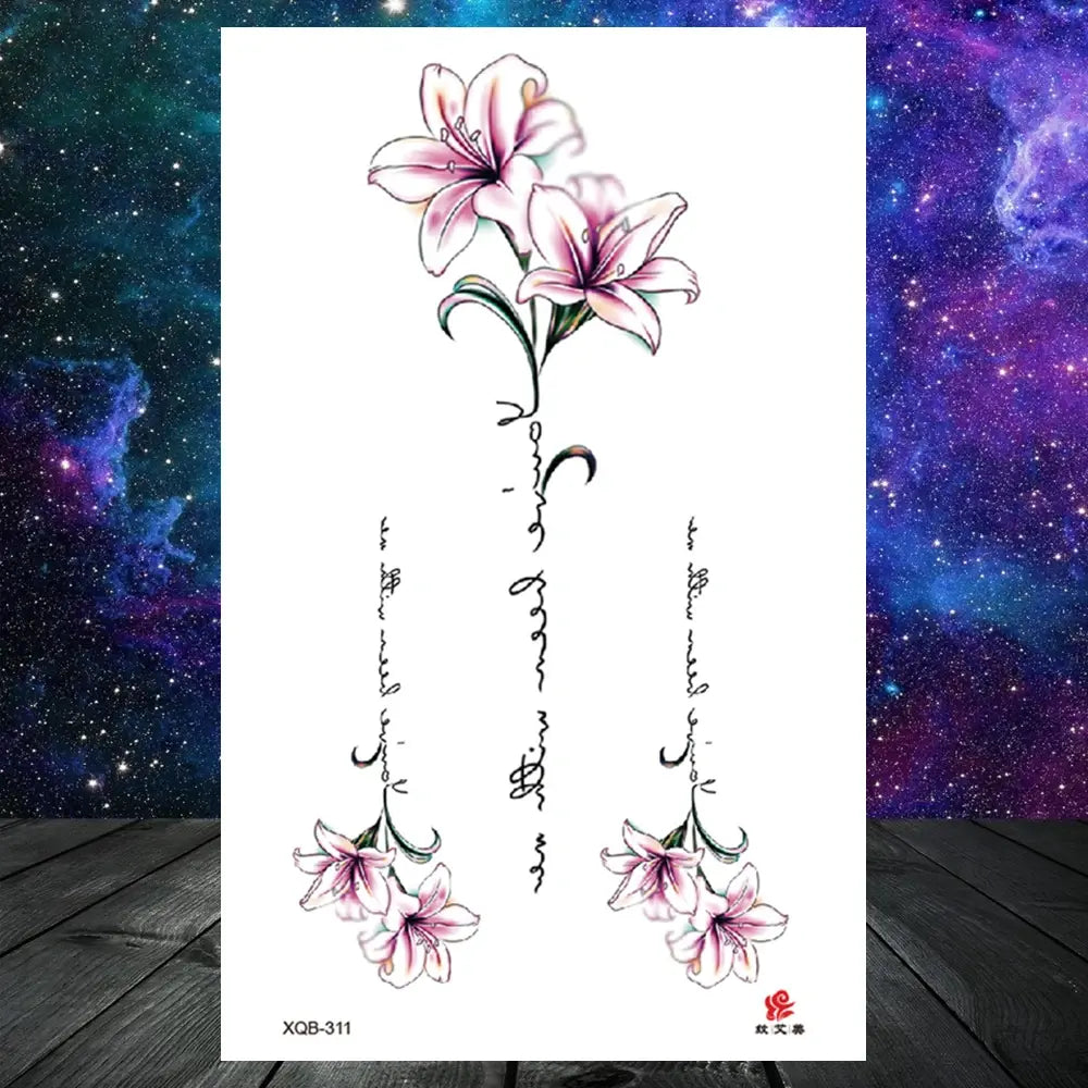 Lotus Flower Temporary Tattoo For Women Girls Snake Peony Lily Rose Chains Tattoos Sticker Black Blossom Fake Transferable Tatoo