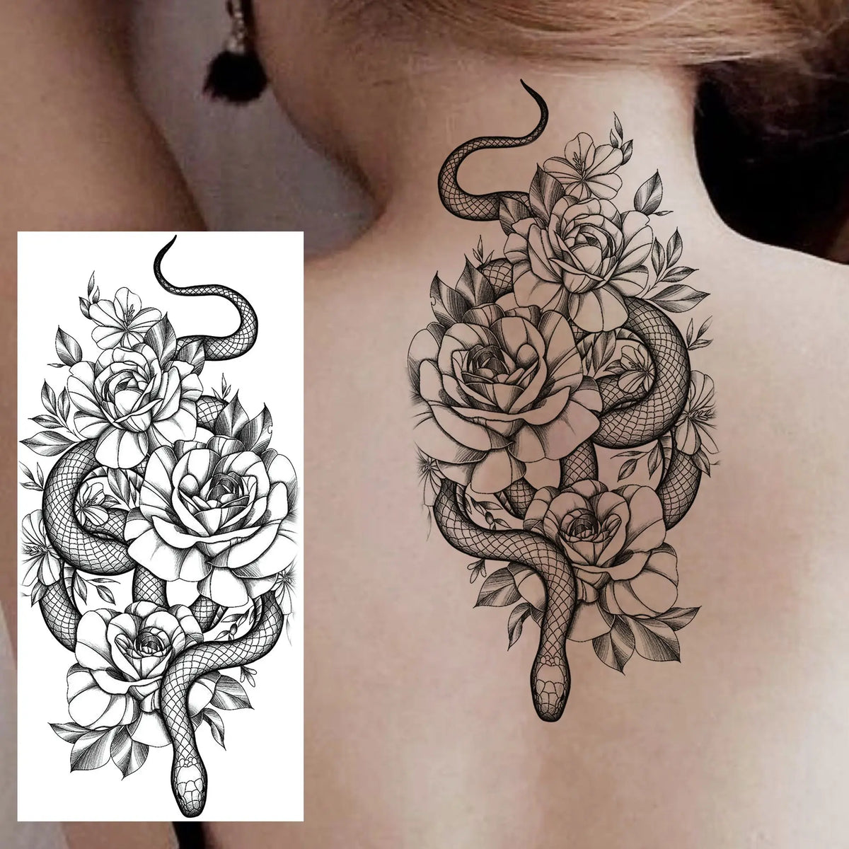1 Sheet Snake With Rose Flowers Temporary Tattoos For Women Girls Waterproof Realistic Fake Tattoos Long Lasting Arm Leg Sticker