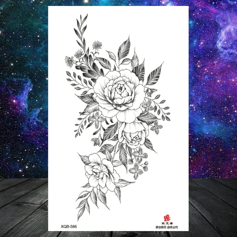 Lotus Flower Temporary Tattoo For Women Girls Snake Peony Lily Rose Chains Tattoos Sticker Black Blossom Fake Transferable Tatoo