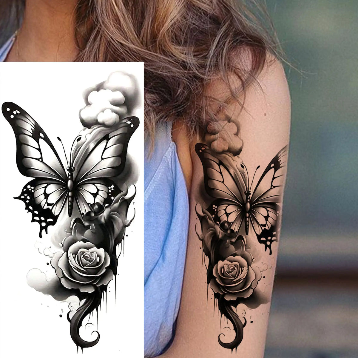 1 Sheet Waterproof Beautiful Butterfly Flowers Temporary Tattoos For Women Girls Tatoos Realistic Fake Tattoos Body Art Stickers
