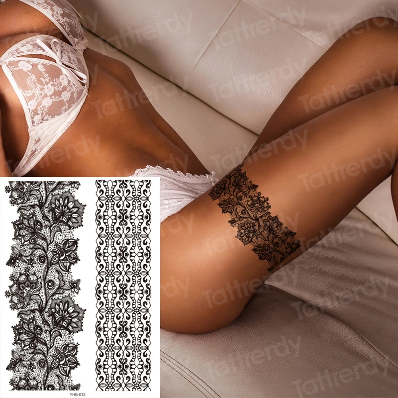 sexy tattoo for women thigh tattoo body art black henna lace tattoo sticker girls leg arm sleeve tatoo stockings waterproof