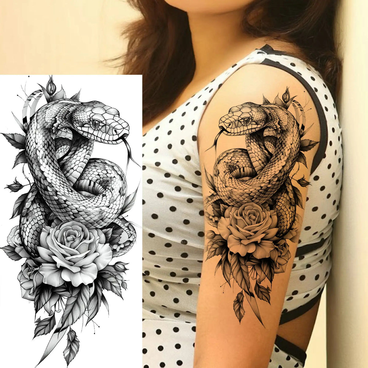 1 Sheet Snake With Rose Flowers Temporary Tattoos For Women Girls Waterproof Realistic Fake Tattoos Long Lasting Arm Leg Sticker