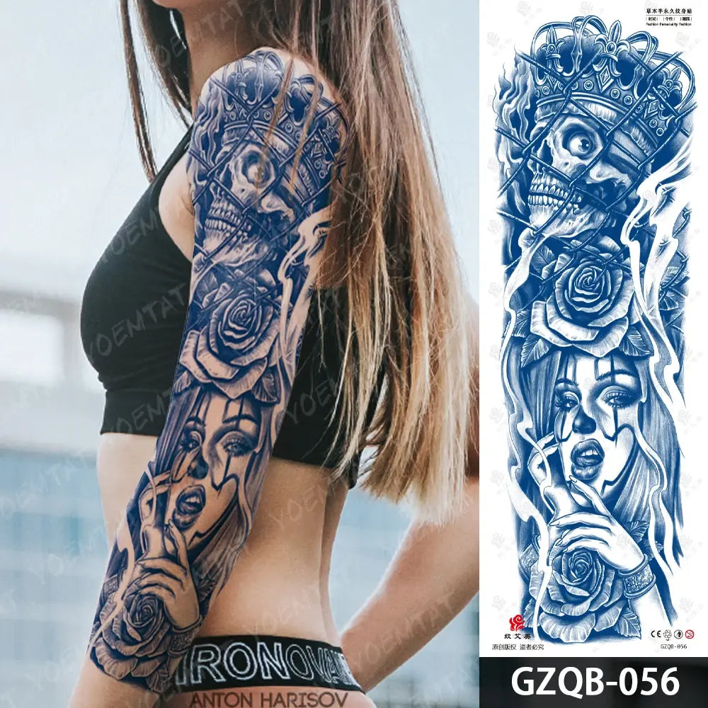 Semi-Permanent Herbal Large Arm Tatto Skull Crown Rose Waterproof Temporary Tattoo Stickers Ink Lasting Fake Tattoos Women Men