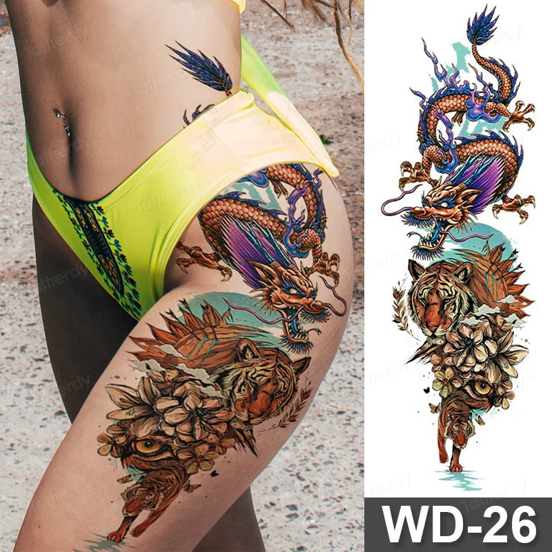 Large Arm Sleeve Tattoo Waterproof Temporary Tattoo Full Arm Body Art Stickers Women Adult Man Tattoo Wolf Lion Head Rose Flower
