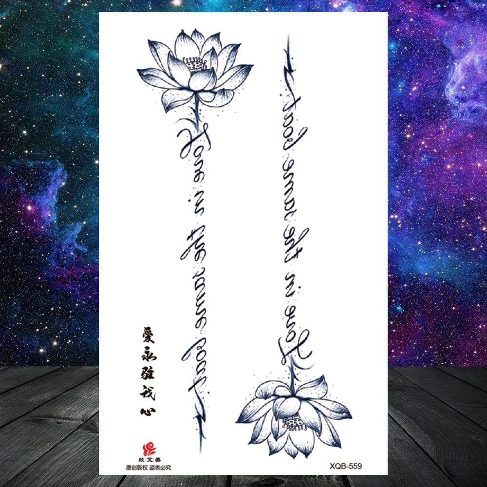 Lotus Flower Temporary Tattoo For Women Girls Snake Peony Lily Rose Chains Tattoos Sticker Black Blossom Fake Transferable Tatoo