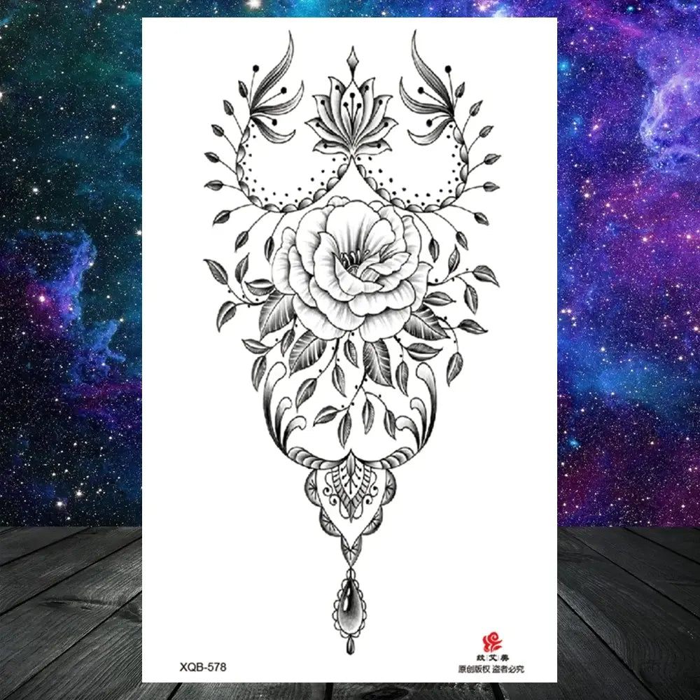 Lotus Flower Temporary Tattoo For Women Girls Snake Peony Lily Rose Chains Tattoos Sticker Black Blossom Fake Transferable Tatoo