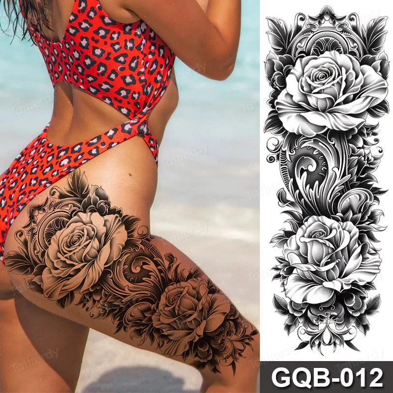 Rose Peony Flower Temporary Tattoo Full Arm Sleeve Leg Thigh Waist Women Body Art Waterproof Tattoo Stickers Large Size 48*17Cm