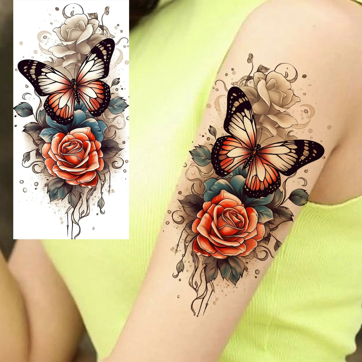 1 Sheet Watercolor Rose Butterfly Temporary Tattoos For Women Realistic Fake Tattoos Waterproof Body Art Tatoo Sticker Last Long