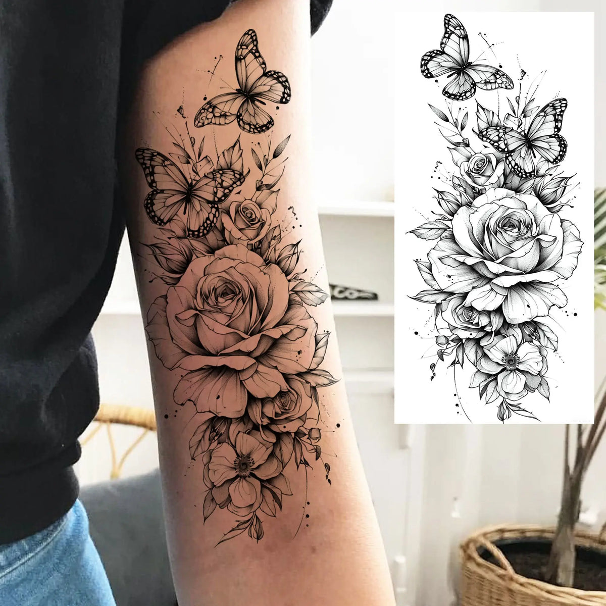 1 Sheet Watercolor Rose Butterfly Temporary Tattoos For Women Realistic Fake Tattoos Waterproof Body Art Tatoo Sticker Last Long