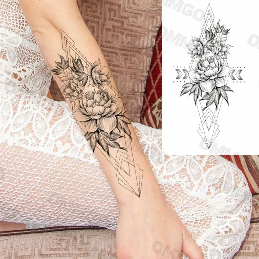 3D Black Mandala Moon Pendant Temporary Tattoos For Women Adult Girl Lotus Rose Flower Fake Tattoo Back Arm Chest Washable Tatoo