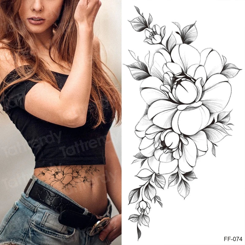 Temporary Tattoo Black Flower Tattoo Sleeves Water Transfer Tatoo Sticker Peony Rose Tattoos Body Art Sexy Tatoo Girl Arm Legs