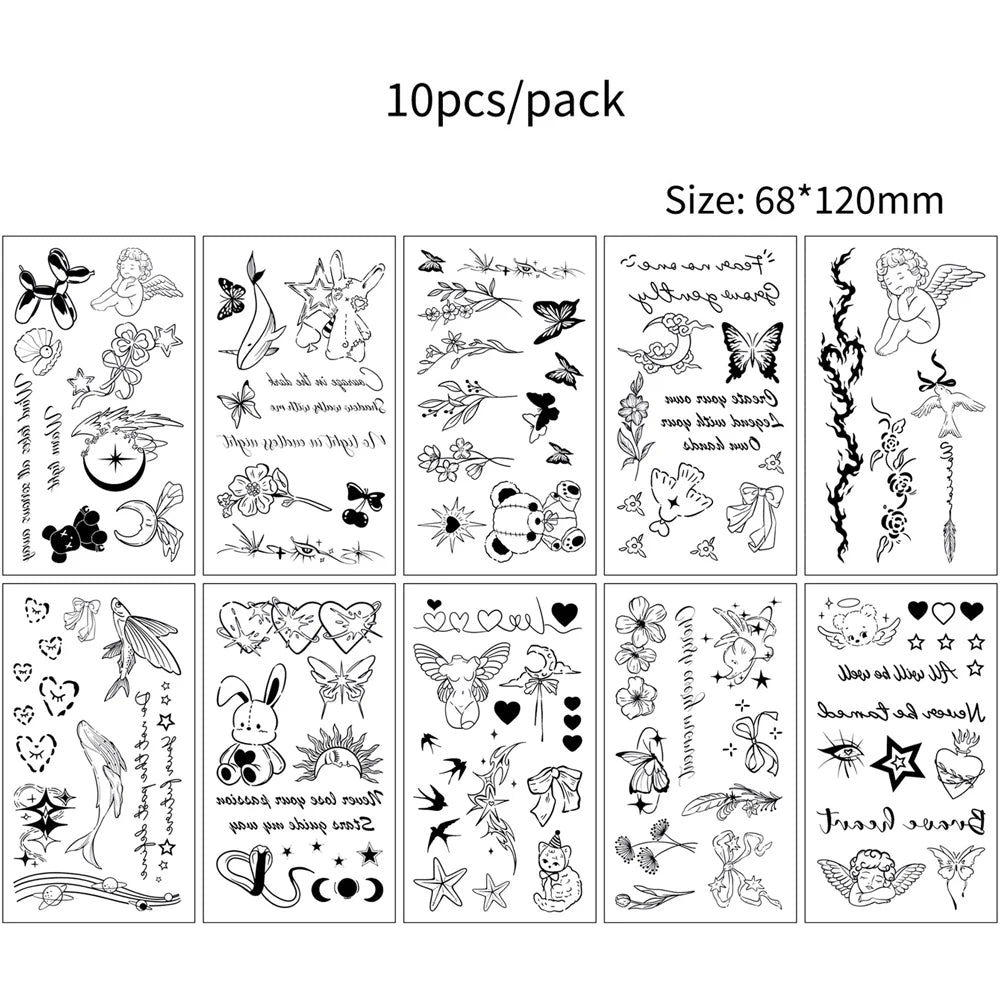 10 Sheets English Letter Fake Tattoo for Women Flower Butterfly Temporary Tattoos for Hand Body Art Moon Star Tattoo Stickers