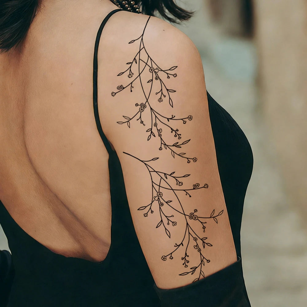 Waterproof Black Flower Tattoo Stickers for Women Leaf Floral Temporary Tattoos for Hand Arm Leg Body Art Decor Fake Tattoo