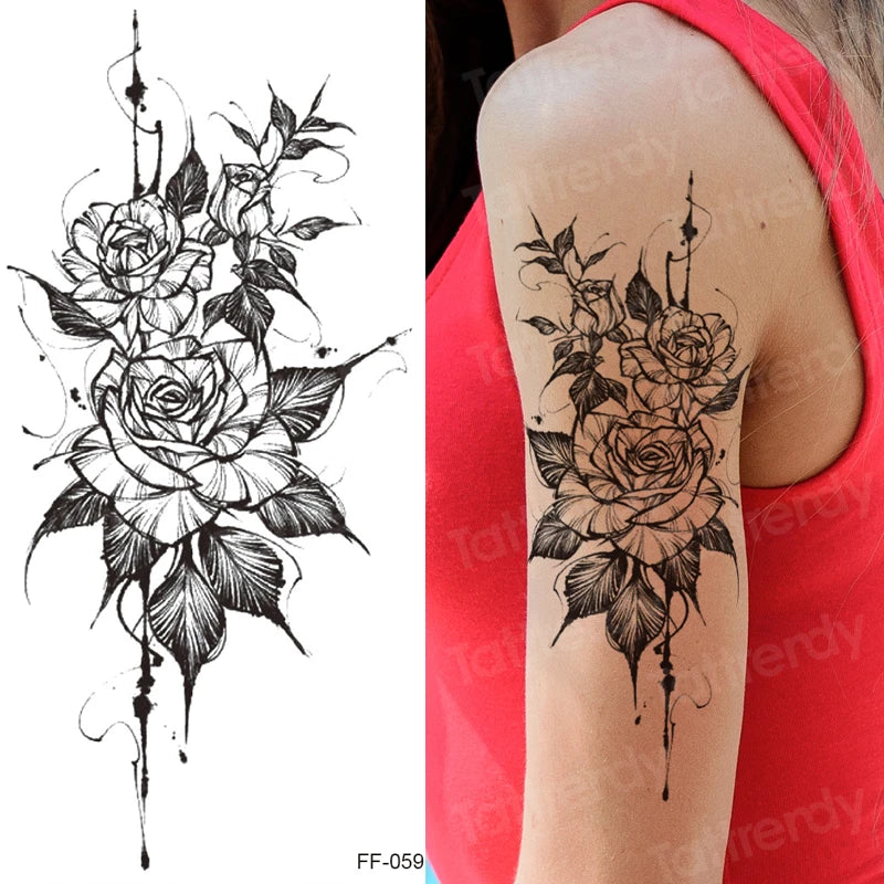 tattoo sticker women flower rose peony black tatouage temporaire femme temporary sleeve tattoo waterproof sexy body art fashion
