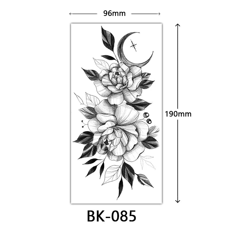 Black Large Flower False Tattoo Sticker For Women Rose Peony Temporary DIY Water Transfer Tattoos Girls Hand Back Body Art