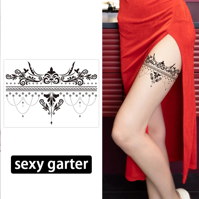 Black Leg Ring with Totem Design, Sexy Leg Tattoo, Realistic Colored Butterfly, Waterproof, Disposable Temporary Sticker
