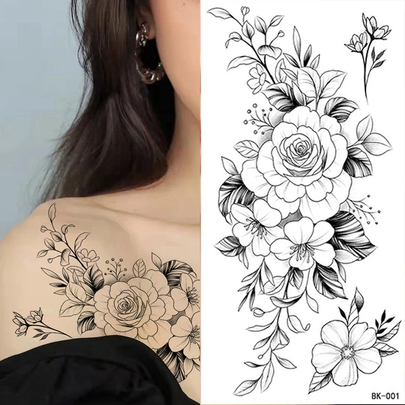 Temporary Rose Flower Skin Tattoo Stickers Removable Blossom Flase Tattoos for Apart Arm and Shoulder Neck Back Flower Tattoos