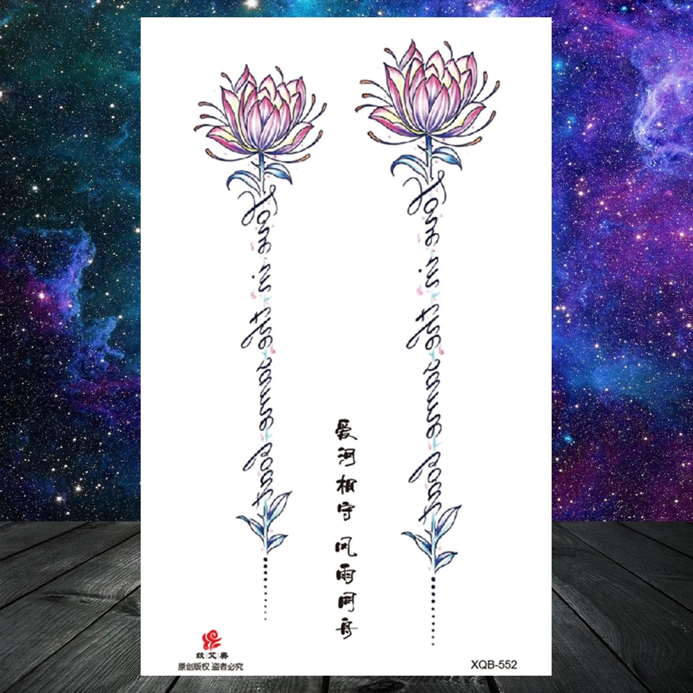 Lotus Flower Temporary Tattoo For Women Girls Snake Peony Lily Rose Chains Tattoos Sticker Black Blossom Fake Transferable Tatoo