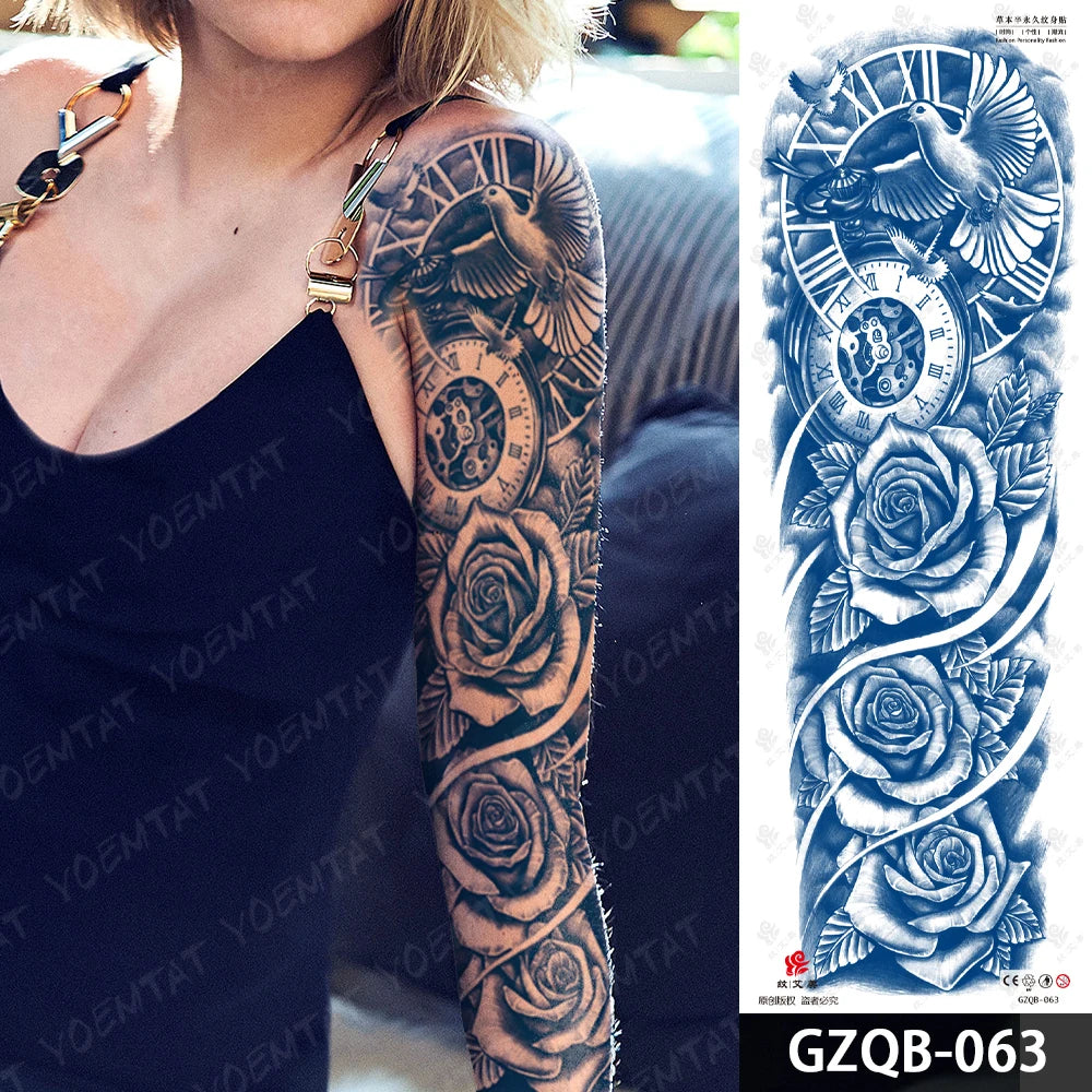 Semi-Permanent Herbal Large Arm Tatto Skull Crown Rose Waterproof Temporary Tattoo Stickers Ink Lasting Fake Tattoos Women Men