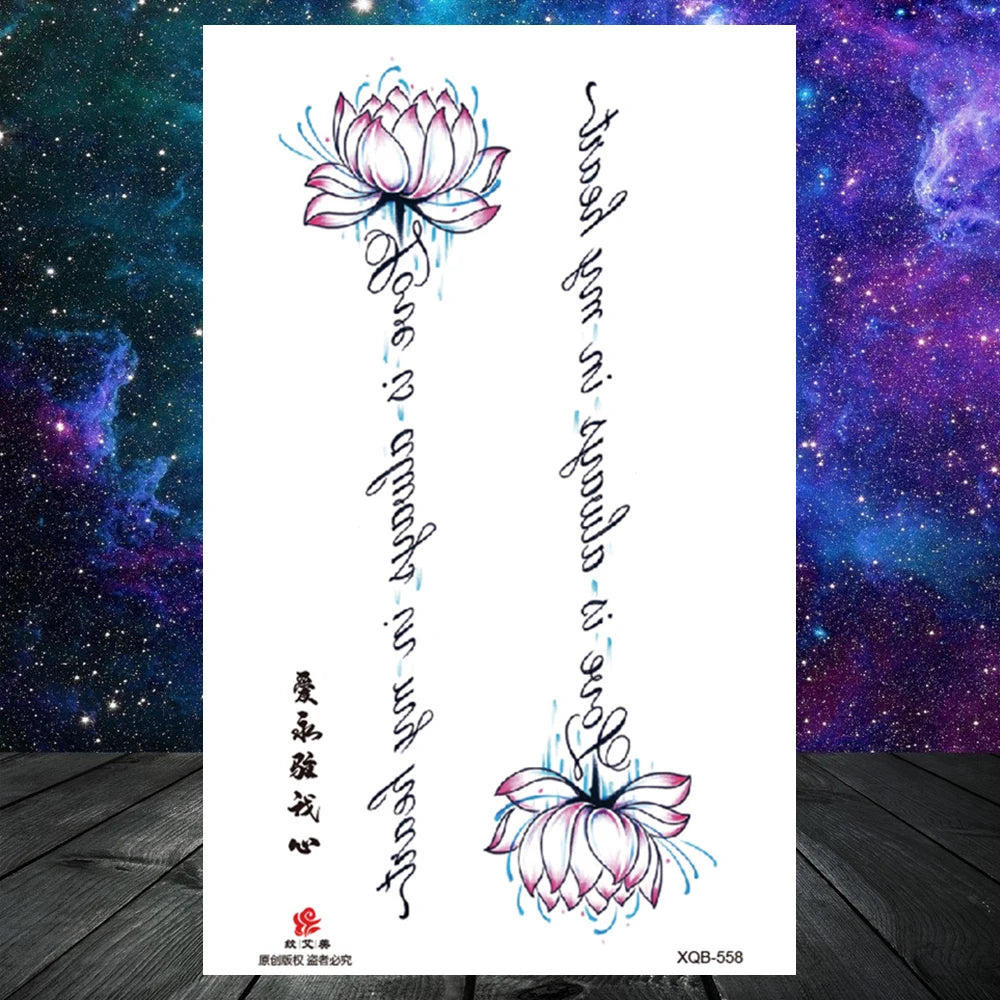 Lotus Flower Temporary Tattoo For Women Girls Snake Peony Lily Rose Chains Tattoos Sticker Black Blossom Fake Transferable Tatoo