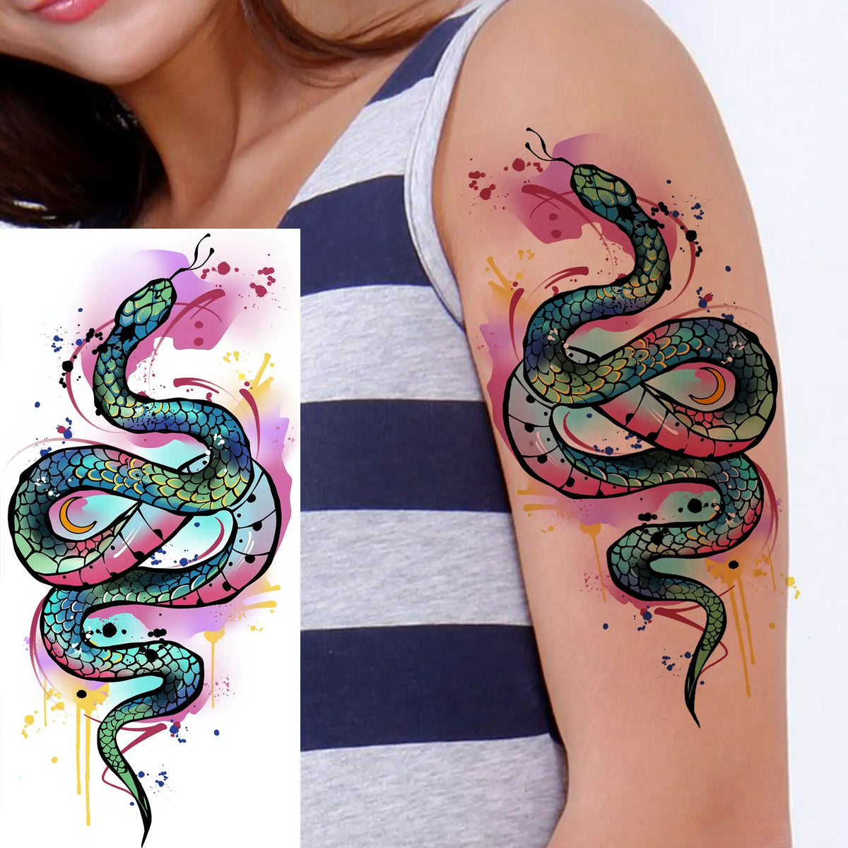 1 Sheet Snake With Rose Flowers Temporary Tattoos For Women Girls Waterproof Realistic Fake Tattoos Long Lasting Arm Leg Sticker