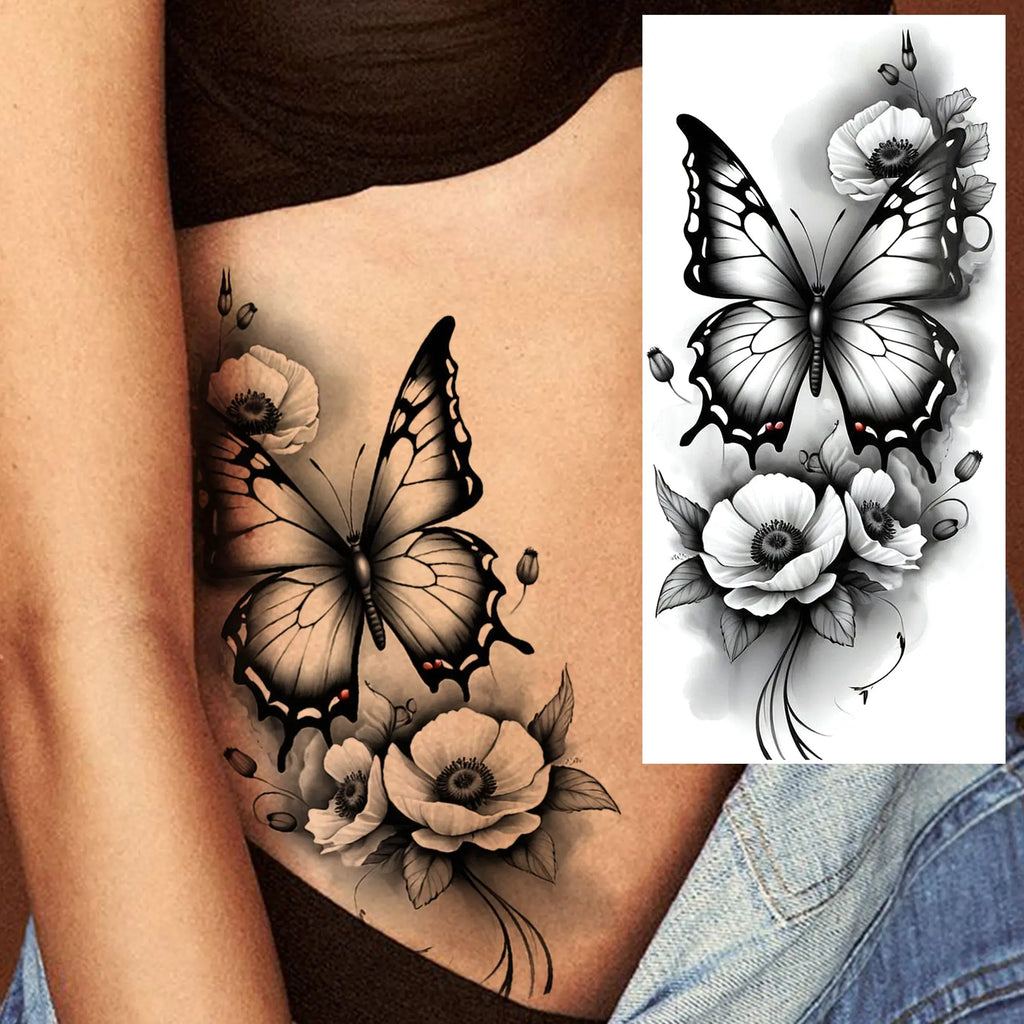 1 Sheet Waterproof Beautiful Butterfly Flowers Temporary Tattoos For Women Girls Tatoos Realistic Fake Tattoos Body Art Stickers